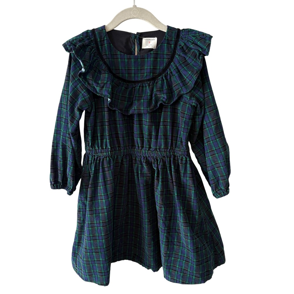 Crewcuts Girl's Blue and Green Plaid Corduroy Ruffle Trim Dress in‎ Size 6